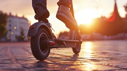 Cropped of young man driving stand-up scooter in the city at sunset. Generative AI