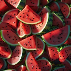 Whole watermelon slices on a wooden cutting board with blurred kitchen in the background