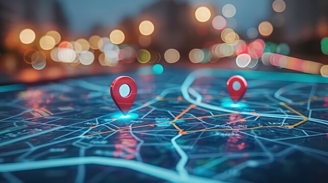 Digital hand set location on map with two pins. AI technology in GPs, innovation delivery, map location, future transport logistic, route path concept. GPs point. New office location, change address