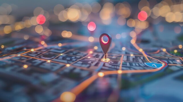 Digital hand set location on map with two pins. AI technology in GPs, innovation delivery, map location, future transport logistic, route path concept. GPs point. New office location, change address