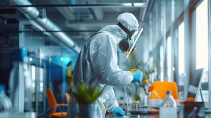 A worker in protective suits and gas masks works with hazardous chemicals at a production facility. Office cleaning and disinfection. COVID-19. A man in a protective suit washes office furniture.