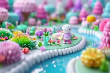 An adorable 3D animated character in a whimsical, colorful gaming world with mushrooms, a stream, and a cozy house.