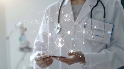 Doctor hand with stethoscope and Ui icon medical in hospital with medical technology network concept. Generative AI