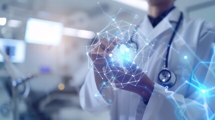 Doctor hand with stethoscope and Ui icon medical in hospital with medical technology network concept. Generative AI