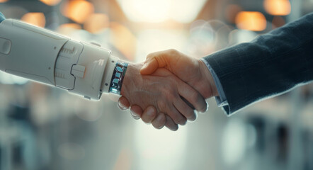 A robot hand shakes a human hand by AI generated image by AI generated image