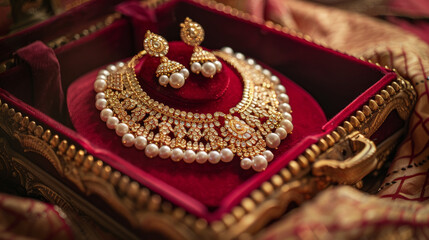Ornate gold necklace and earrings adorned with pearls, placed in a luxurious red velvet box, representing a traditional Indian wedding gift for the bride.