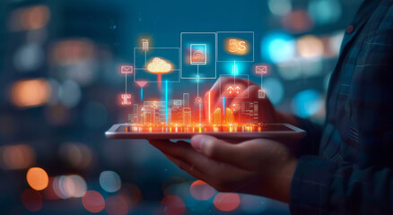 A person is holding a tablet with a cityscape on it by AI generated image by AI generated image