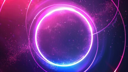 Abstract neon sphere of glowing on a dark background, circle and loop frames with magic purple and pink sparkle. Banner, Cover, Ads