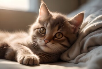 Fototapeta premium portrait of a domestic cat who sleeps in bed