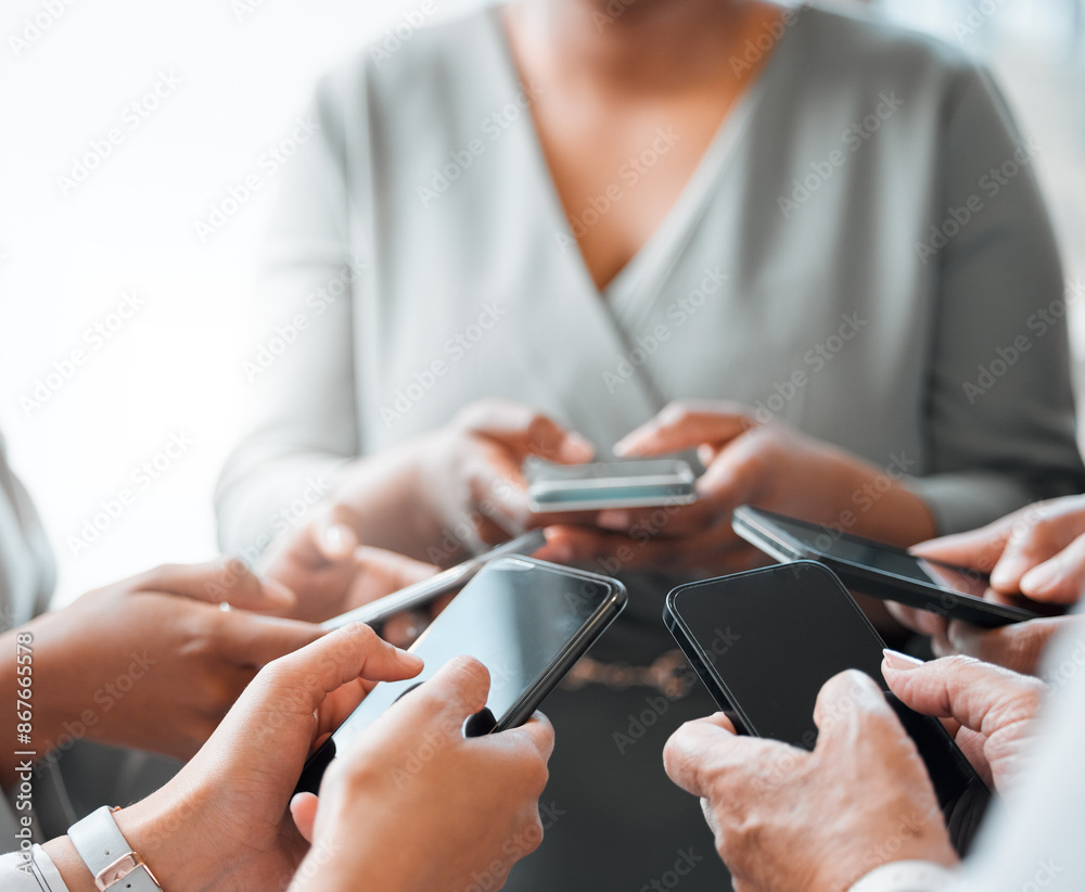 Poster Hands, information and phone with business people in huddle at office for communication or networking. Connectivity, contact and data sharing with employee team in office for mobile cloud storage