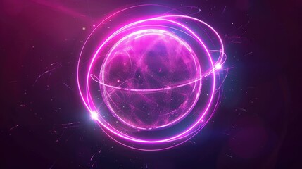 Abstract neon sphere of glowing on a dark background, circle and loop frames with magic purple and pink sparkle. Banner, Cover, Ads