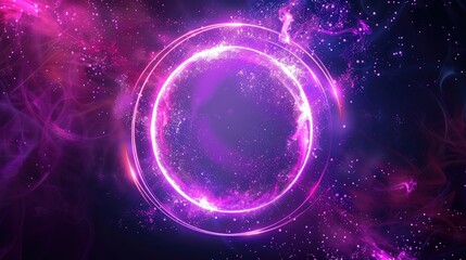 Obraz premium Abstract neon sphere of glowing on a dark background, circle and loop frames with magic purple and pink sparkle. Banner, Cover, Ads
