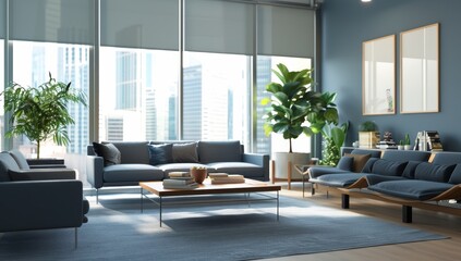 Fototapeta premium A large living room with a blue wall and a view of the city by AI generated image by AI generated image