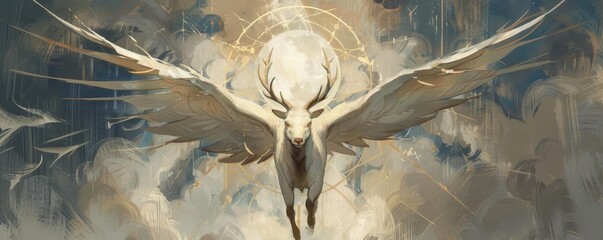 mythical animal with wings and antlers, flying through a kaleidoscope of clouds and stars