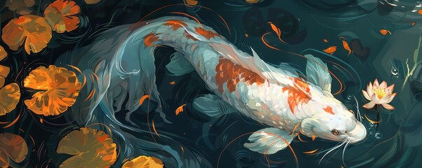 fantastical creature with multiple tails, swimming in a lake surrounded by vibrant lily pads
