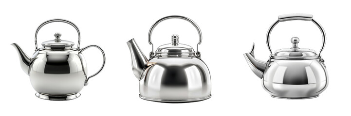 Fototapeta premium set of a stylish stainless steel tea kettle with a whistle spout on transparent background
