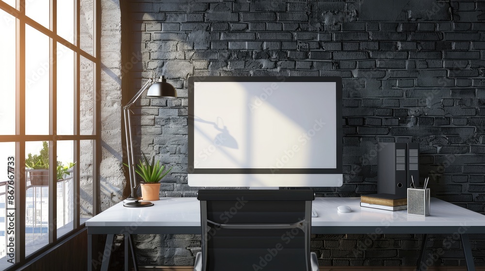 Poster elegant office setup with a blank computer screen