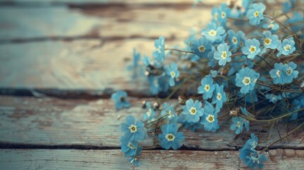 Vintage floral background with forget me not flowers on wooden table and retro filter effect