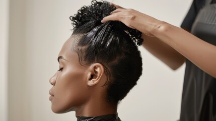 Fototapeta premium hairstylist adjusting curls in a salon setting