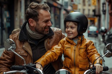 Fototapeta premium Happy father and son looking at each other while riding motorbike on street 
