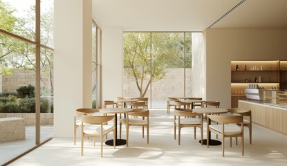 Obraz premium A restaurant with a lot of wooden chairs and tables by AI generated image by AI generated image
