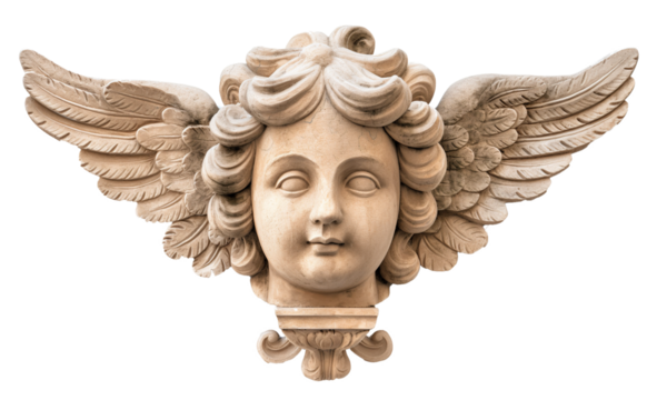 A carved sandstone cherub face with wing
