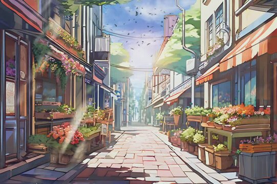 A charming street scene with quaint shops, cobblestone road, and a clear blue sky, evoking a serene and picturesque atmosphere