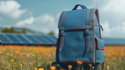 Solarpowered backpack charging devices at a festival, clean energy, practical use