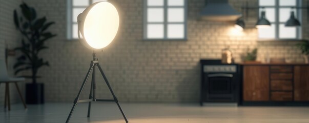 Cozy modern kitchen interior with stylish decor and a bright spotlight illuminating the room. Perfect for culinary creativity and gatherings.