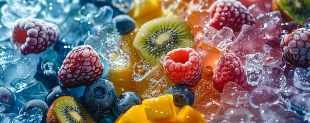 Abstract background with tropical fruits in ice, such as pineapples, mangoes and kiwis. The fruits and ice are depicted in bright translucent colors, creating a striking contrast.
