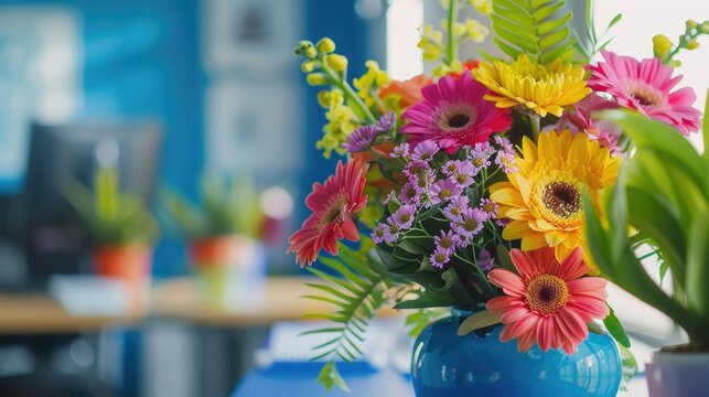 Vibrant floral arrangement on a blue wooden desk in an office environment