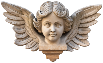 A carved sandstone cherub face with wing
