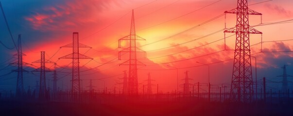 Naklejka premium Dramatic sunset over power lines and electrical towers, illustrating energy infrastructure and the transition between day and night.