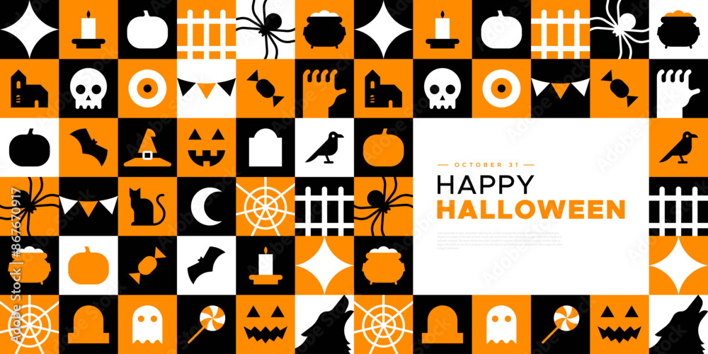 Wall mural Happy halloween geometric mosaic web template illustration. Modern flat october holiday cartoon icon background, fun costume party online invitation. Spooky internet event banner. 