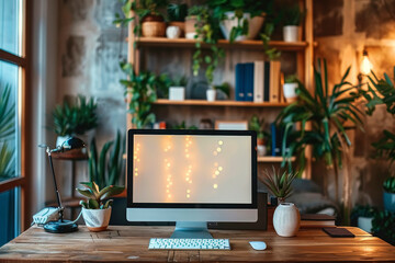 Computer mockup. Computer with white screen on a wooden table in a cozy home office setting. The workspace includes personal details such as potted plants, books and warm lighting.