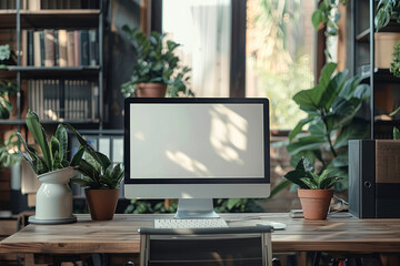 Fototapeta premium Mockup computer. Sleek modern computer with white screen placed on a minimalist desk in a modern office setting