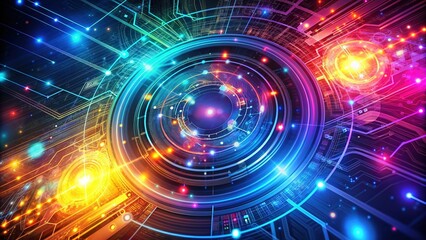 Obraz premium Vibrant futuristic digital background featuring swirling circuits, algorithmic patterns, and glowing nodes, perfect for tech, AI, data, audio, and graphic design visualizations.