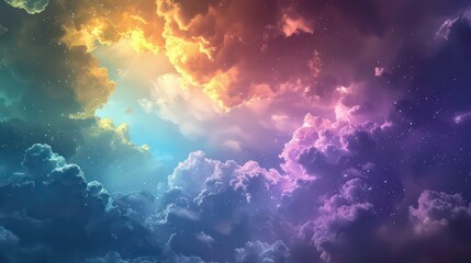 Fototapeta premium In the evening there are beautiful rainbow clouds floating above the dark clouds creating a captivating and breathtaking view in the sky The image. Generative AI