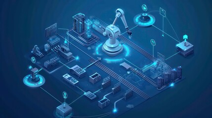 Industry 4.0 technology concept - Smart factory for fourth industrial revolution with icon graphic showing automation system by using robots and automated machinery controlled via internet network