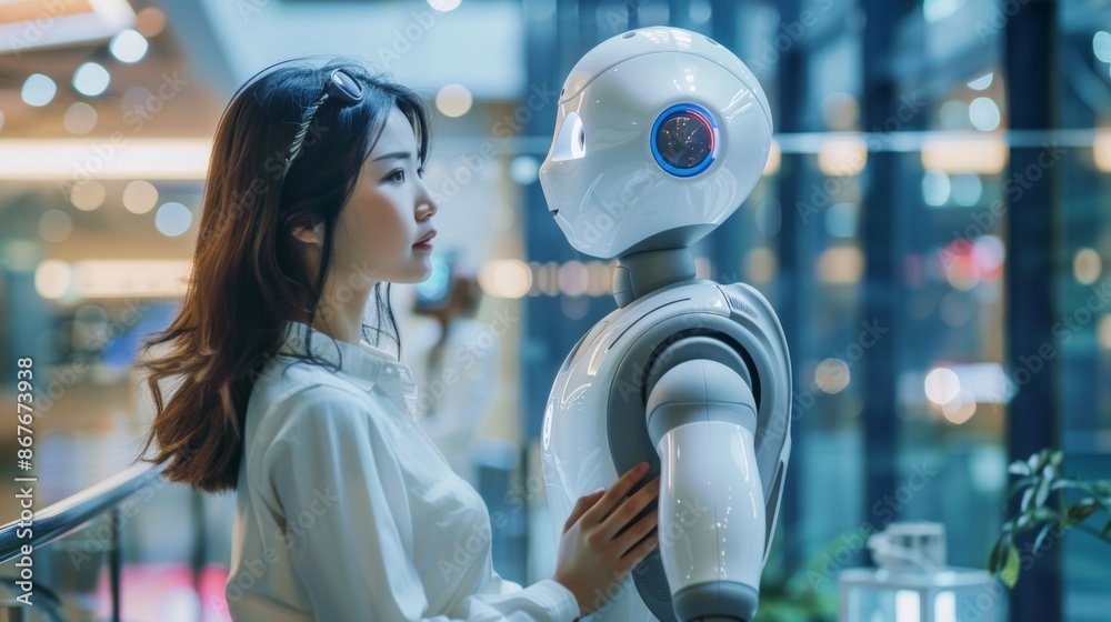 Poster woman and robot in deep conversation in a glass-walled room; her hand on his shoulder shows trust an