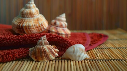 Composition of shells and red towel on a bamboo mat