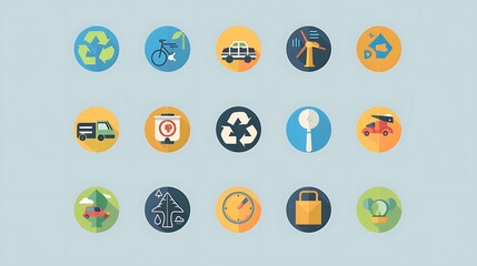 Collection of flat icons representing sustainable living practices such as recycling renewable energy composting and ecofriendly transportation suitable for environmental awareness websites