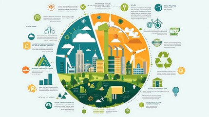 Pie chart infographic displaying the global distribution of renewable energy sources including solar wind hydroelectric and geothermal with percentage breakdowns and icons