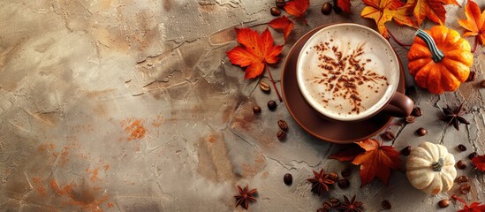 Autumn-themed scene with a warm beverage. Pumpkin latte spiced coffee on a stone backdrop. Ample room for text.
