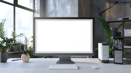 Fototapeta premium Modern office with a blank computer screen