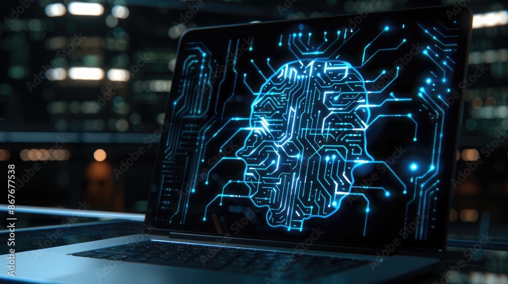 Poster ai, artificial intelligence. close up laptop computer with glowing circuit brain. artificial intelli