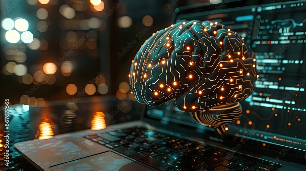 Poster ai, artificial intelligence. close up laptop computer with glowing circuit brain. artificial intelli