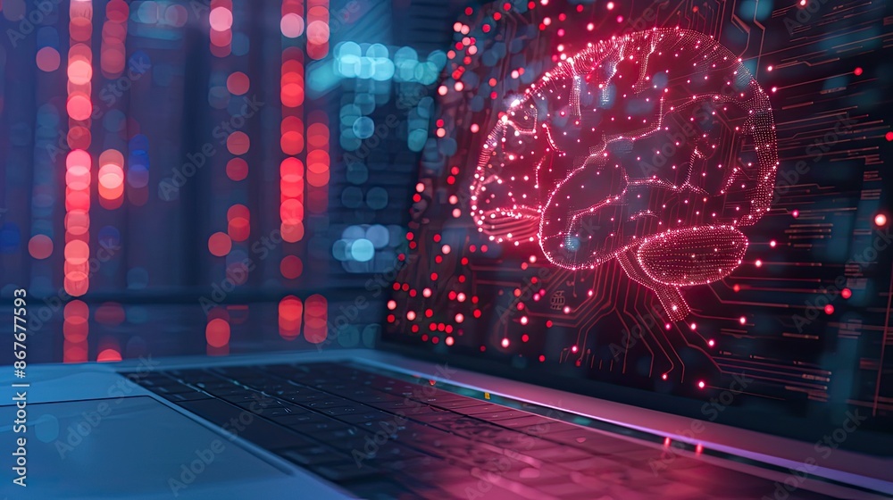 Poster ai, artificial intelligence. close up laptop computer with glowing circuit brain. artificial intelli