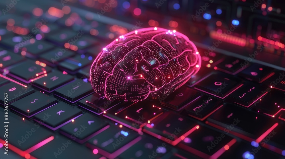 Poster ai, artificial intelligence. close up laptop computer with glowing circuit brain. artificial intelli