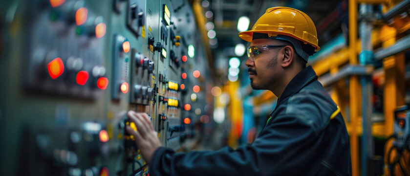 A system engineer interacts with a control panel in a modern industrial setting. The engineer is wearing a hard hat and safety glasses and appears focused on the task at hand